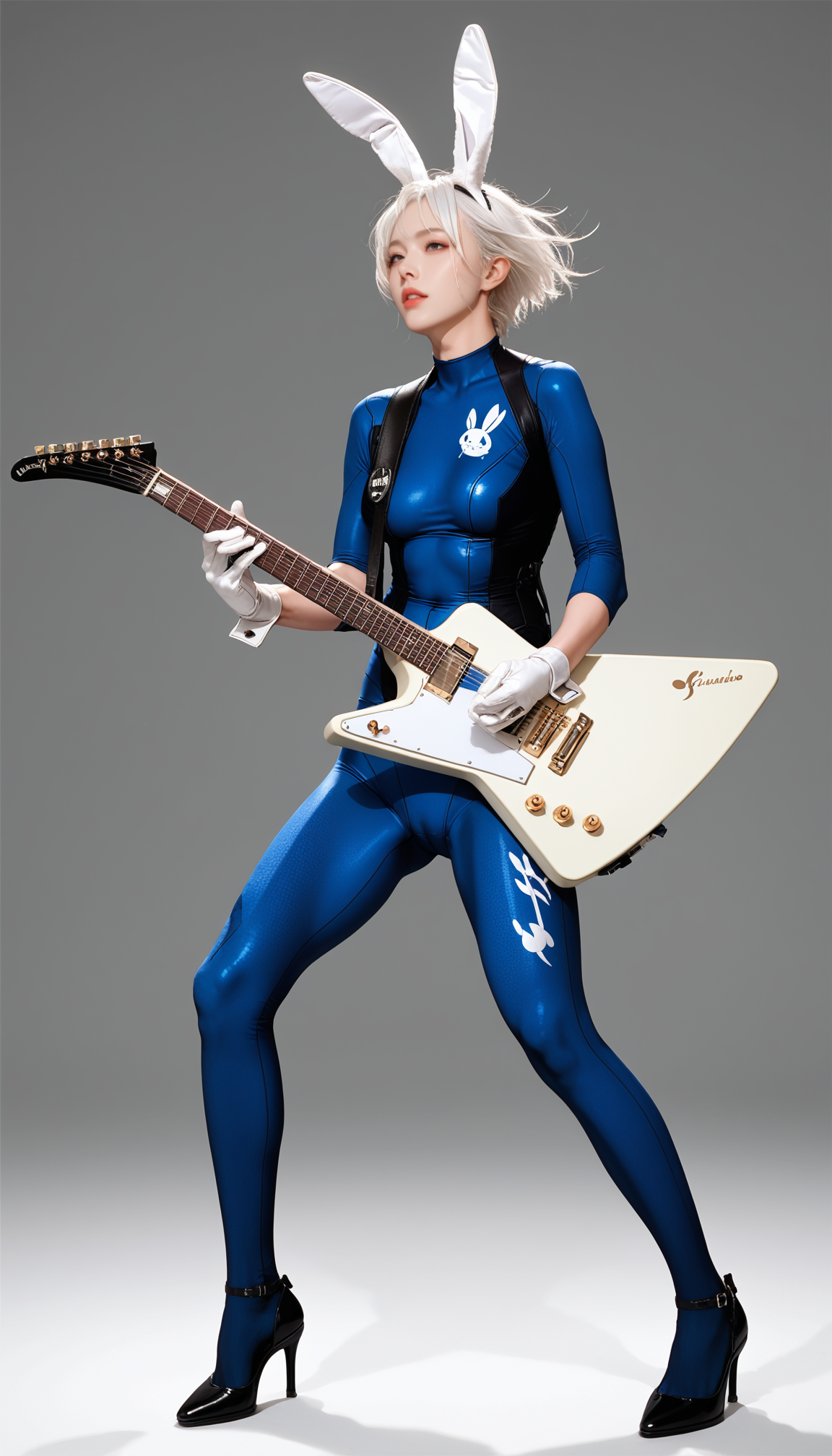 1girl, blue bodysuit,skin tight,bunny print,gloves, high heels, full body, stand, white hair, score_9, score_8_up, score_7_up, simple background,
playing electric guitar, electric guitar,
anime, source_anime, photoshoot ,Expressiveh,  horny <lora:explorer-pony-000006:0.85>