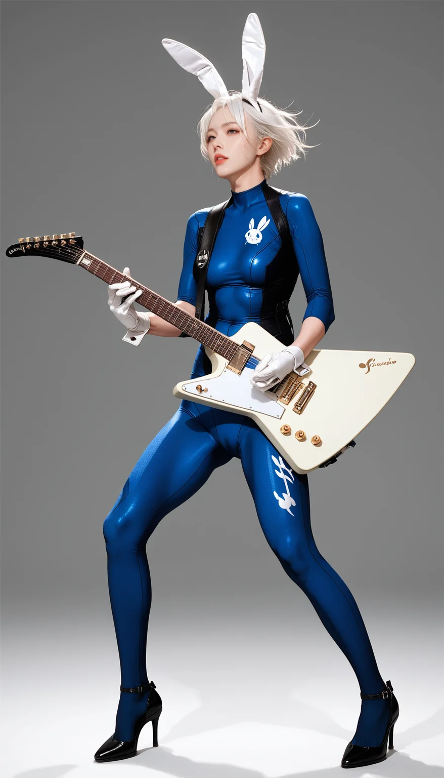 1girl, blue bodysuit,skin tight,bunny print,gloves, high heels, full body, stand, white hair, score_9, score_8_up, score_7_up, simple background,
playing electric guitar, electric guitar,
anime, source_anime, photoshoot ,Expressiveh, horny <lora:explorer-pony-000006:0.85>