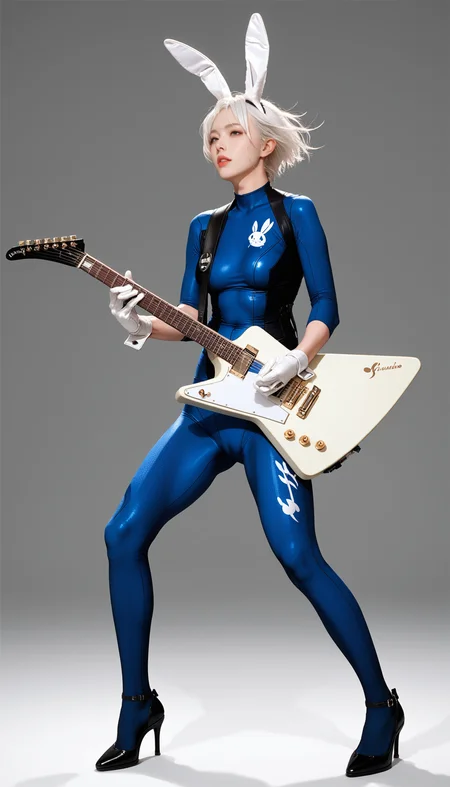 1girl, blue bodysuit,skin tight,bunny print,gloves, high heels, full body, stand, white hair, score_9, score_8_up, score_7_up, simple background,
playing electric guitar, electric guitar,
anime, source_anime, photoshoot ,Expressiveh, horny <lora:explorer-pony-000006:0.85>