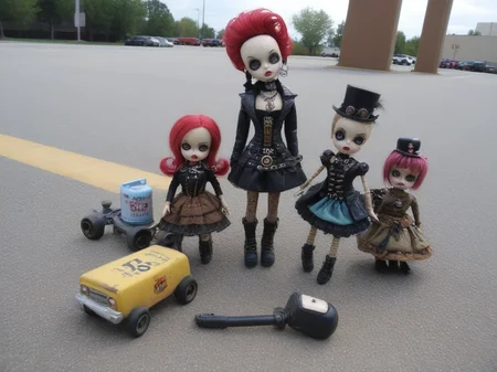 <lora:LowBrowXL:0.85>, creepy punk and steampunk 6lowbrow dolls, abandoned mall parking lot, lowbrow dolls on strewn pavement, in the style of lowbrow, HD-photo, realistic quality details, text = "TOYS R US, closed"