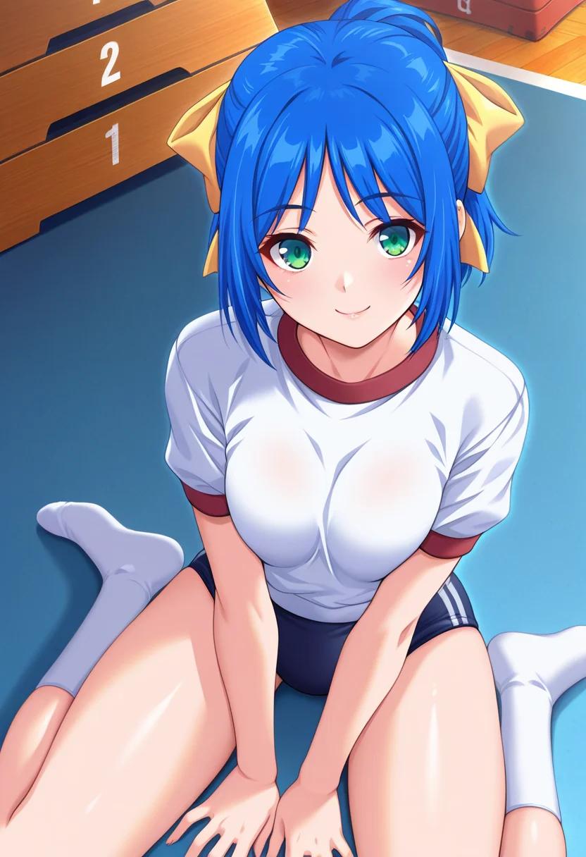 masterpiece, best quality, amazing quality, 1girl, solo, sanaeww, green eyes, blue hair, short hair, ponytail, yellow hair bow, medium breasts, gym uniform, short sleeves, dark blue buruma, <lora:Kirishima_Sanae_Yoridori_ill:0.8>, from above, sitting, wariza, looking at viewer, smile, indoors, skindentation, detailed clothing folds, depth of field, sharp, high contrast, dynamic light