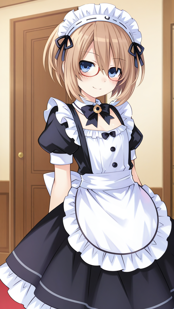 solo, glasses, smile,, masterpiece, best quality, amazing quality, very aesthetic, absurdres, newest, anime screencap, <lora:blancILM:1>, blanc (neptunia), blue eyes, blush, flat chest, brown hair, short hair, tsunako,, maid, maid apron, frills, frilled dress, black dress, maid headdress, modern house,