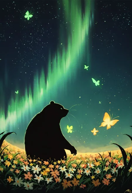 score_9, score_8_up, score_7_up, masterpiece, high quality, abstract, bear, centered, side view, black silhouette of a cat, (long flowy hair), flowy skirt, green forest background, ((dynamic pose)), ((flowers)), ((glowing butterflies)), night time, dark theme, starry sky, glowing hair, cinematic, vivid colors, ((saturated neon colors)), perfect hands, anzhcdreamwave, aesthetic, Perfect Hands, aurora borealis