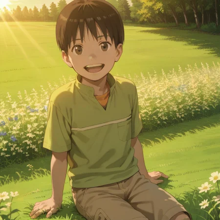 score_9, score_8, score_7, break, yuuki_o, 1boy, black hair, short hair, brown eyes, shirt, shorts, sitting, grass, sunlight, flowers, open smile, looking at viewer, natural lighting