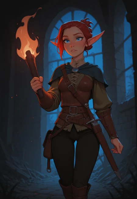 masterpiece, best quality, amazing quality, very aesthetic, DISNEY_ANIMATION, incoth, (incase:0.6), female, solo, (depth of field), medieval setting, indoors, ruins, night time, face focus,
elf, red hair, blue eyes, cute face, slender, small breasts, updo hair, short elf ears, short ears,
leather armor, dagger in scabbard, satchel, black pants, leather boots, holding torch,
adventurer exploring ruins,