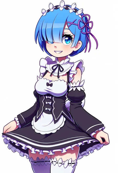 high resolution, score_9, score_8_up, score_8, medium breasts, cute, eyelashes , 
rem, blue eyes, blue hair, hair ornament, hair over one eye, hair ribbon, short hair, x hair ornament, apron, black ribbon, black skirt, black sleeves, detached collar, detached sleeves, flower, frilled apron, frilled skirt, frills, head wreath, long sleeves, maid, miniskirt, neck ribbon, purple ribbon, ribbon, ribbon trim, ribbon-trimmed sleeves, roswaal mansion maid uniform, short hair, skirt, thighhighs, waist apron, white apron, white thighhighs,
solo, smile, looking at viewer, cowboy shot,