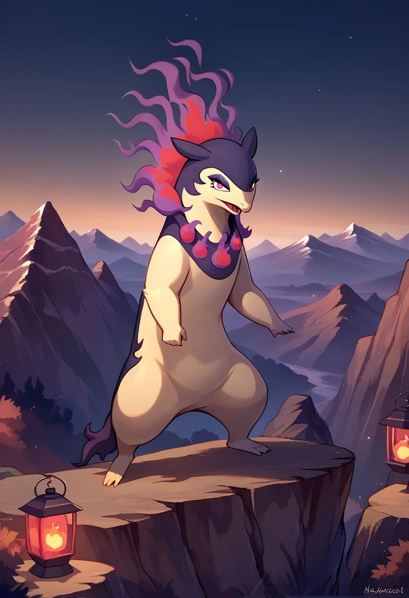 (source_anime, score_9, score_8_up, score_7_up:1), hisuityphlosion, outdoors, night, cliffs, mountains, looking at viewer, lanterns
