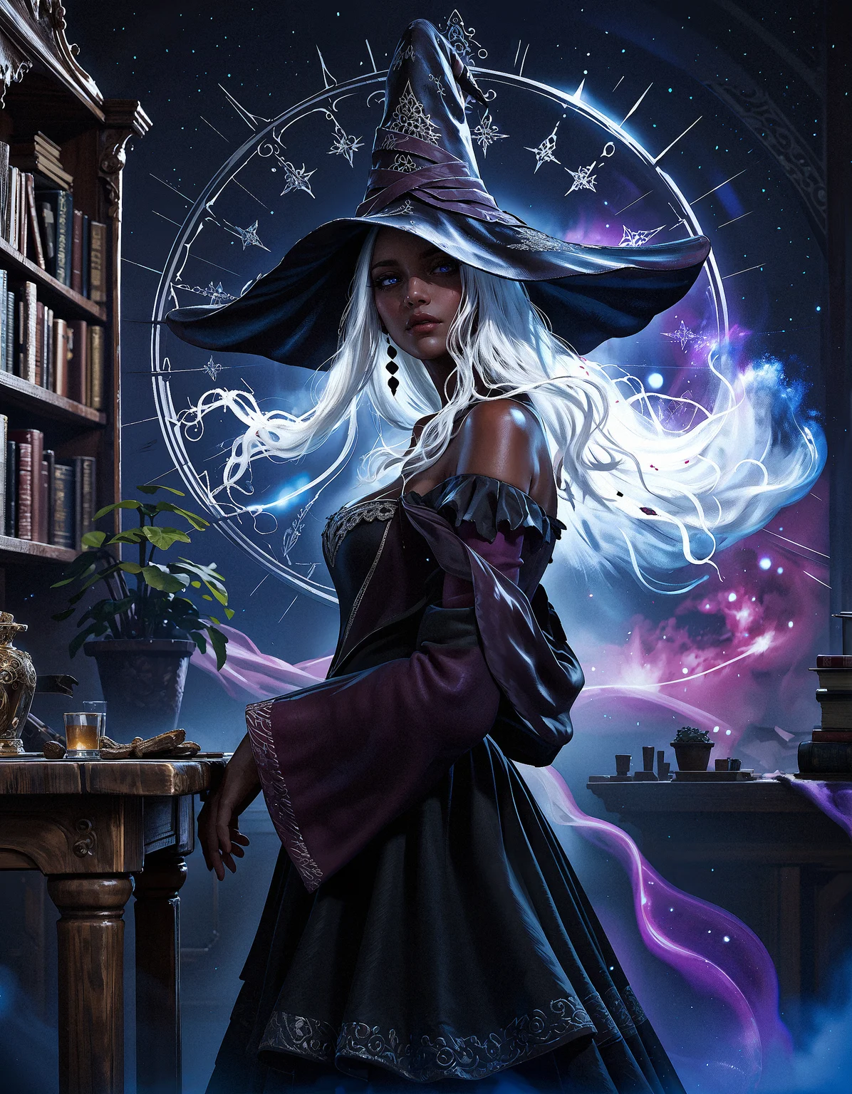 score_9, score_8_up, score_7_up, score_6_up, score_5_up, score_4_up, RecluseER, 1girl, white hair, witch hat, dark skin, dress, realistic, side view, looking at viewer, cosmic horror, detailed background, vintage style room, gothic, bookshelf, plants, table, laboratory, (magic spirit in the air:1.1), <lora:PonyRecluseER-000008>