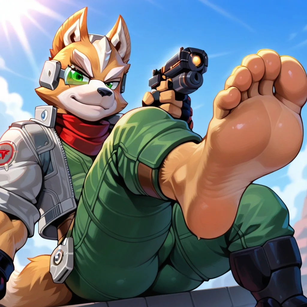 f0x, fox boy, green eyes,((yellow soles)),((5_toes)),solo,muscular man,looks at the viewer,close-up of feet,beautiful eyes,huge eyes, muscular, musclegut,presenting feet, presenting soles,showing soles, huge feet, massive feet, thick soles,outside, daytime, sitting,leg up, anthro,((muscular, thick thighs)), detailed eyes, beautiful eyes, detailed face,masterpiece,best quality, amazing quality,from below,black fingerless gloves, brown belt, green jumpsuit, green scouter, grey headgear, grey jacket, gun, red scarf, reflector (star fox),tail,foot focus