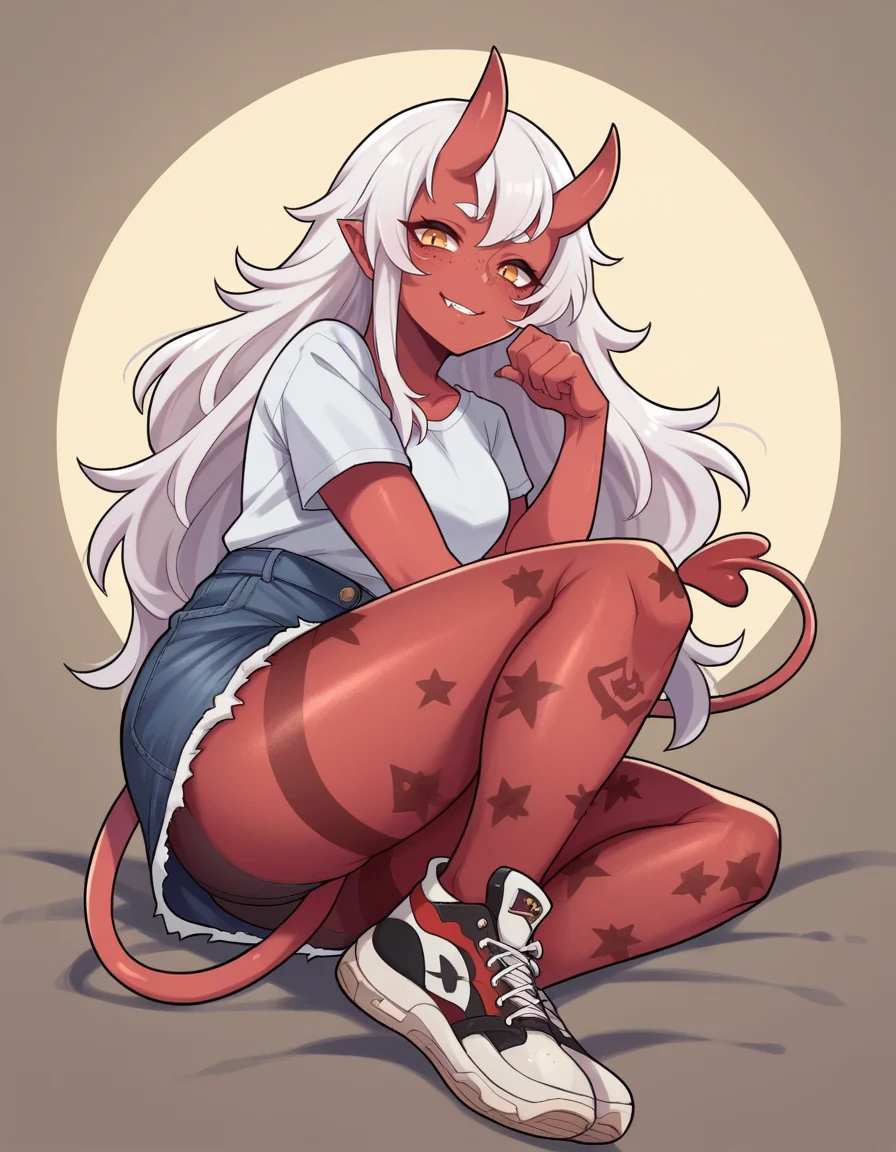 zPDXL, score_9, score_8_up, score_7_up, score_6_up, score_5_up, score_4_up, 1girl, solo,
<lora:bagelbomb:0.8> bglbmb, red skin, demon girl, oni horns, demon tail, white hair, freckles, long hair, graphic tee, denim skirt, high-top sneakers, patterned pantyhose,