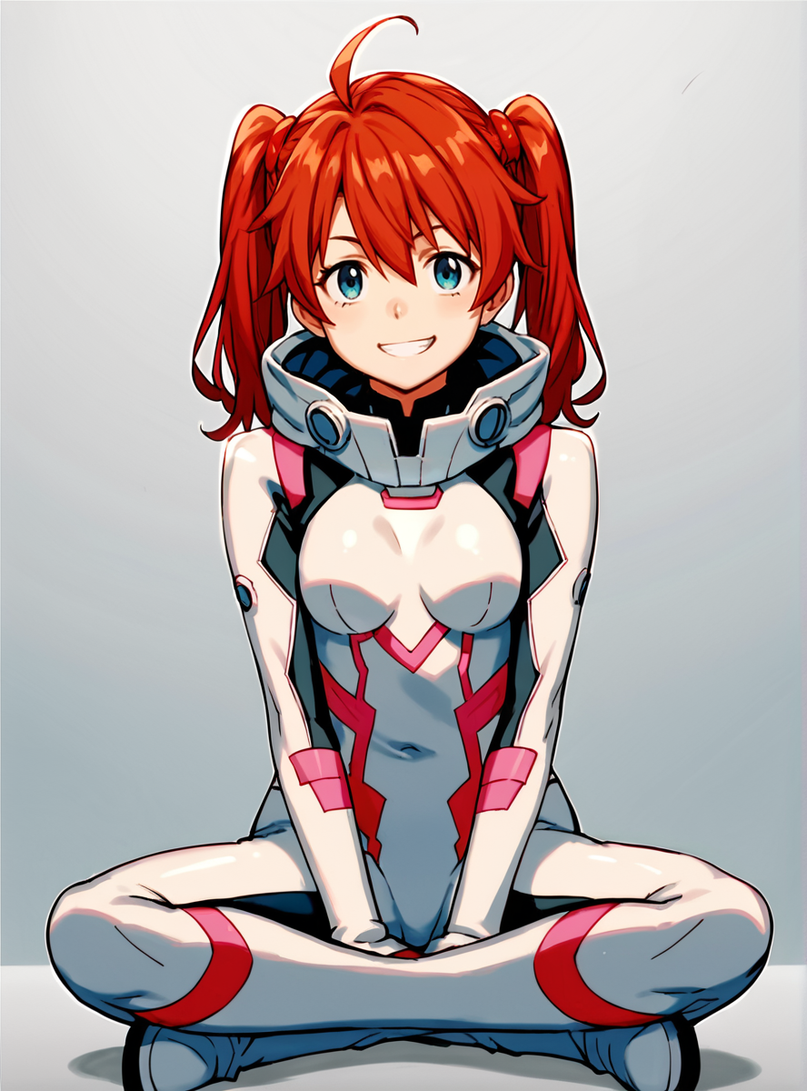 score_9, score_8_up, score_7_up, score_6_up, score_5_up, score_4_up,  source_anime , anime screencap  <lora:miku_darling:0.8>1girl, twintails, solo, mikusuit, ahoge, , blue eyes, smile, red hair plugsuit,  hood down, sitting, v, boots