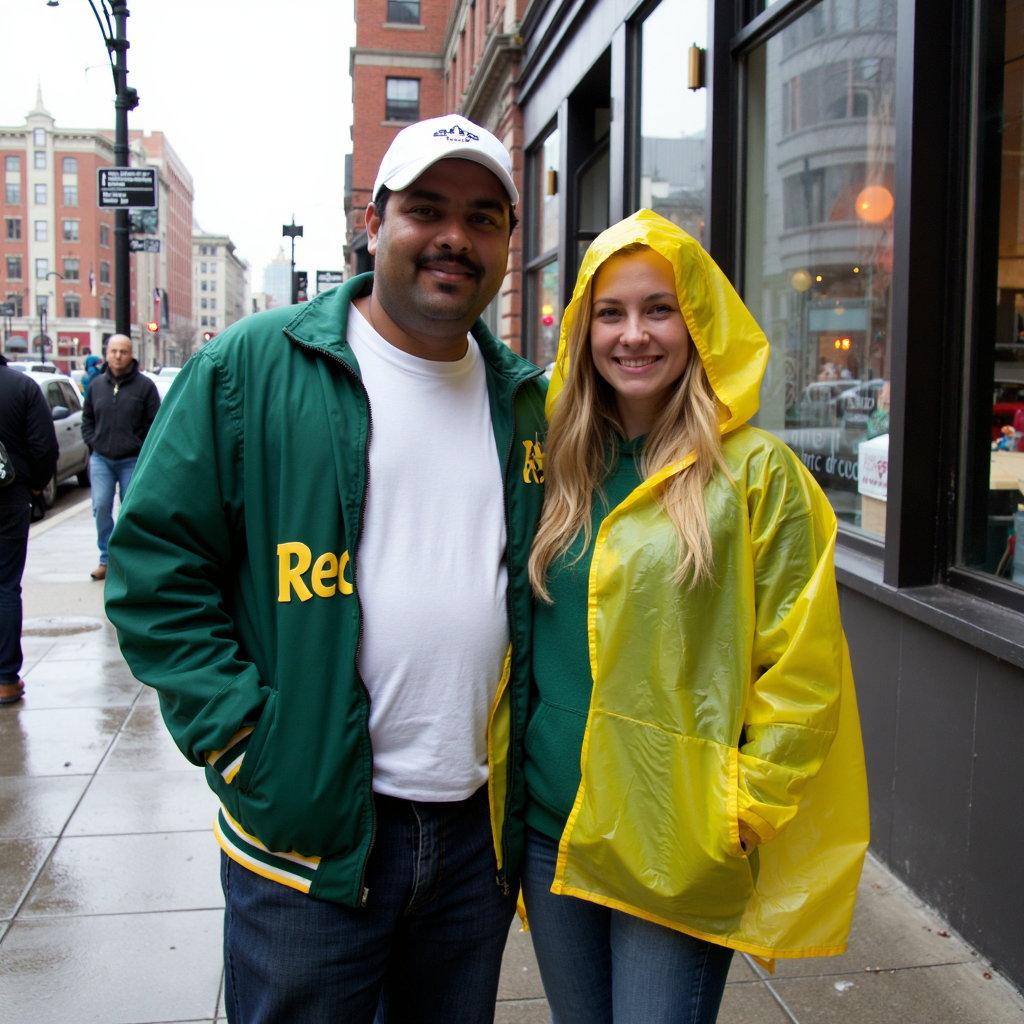 Amateur photography of a man and a woman standing on a wet urban sidewalk, posing closely together with friendly expressions. The man on the left is Hispanic, of average height with a stocky build, medium skin tone, and short black hair partially hidden under a white baseball cap. He wears a green "Reddit" jacket with yellow lettering, a white t-shirt underneath, and dark jeans. The woman on the right is Caucasian, slim with a light skin tone, long blonde hair. She is dressed in a yellow rain poncho over a green hoodie, blue jeans. The scene takes place in a downtown area with visible storefronts. The sidewalk is wet from recent rain, and a few pedestrians are visible in the background. The image quality has slight motion blur, a cluttered background, cool tones, and bright natural light reflecting off the wet surfaces. The overall feel is candid and casual. on flickr in 2007, 2005 blog, 2007 blog <lora:amateurphotov2-000049:0.7>