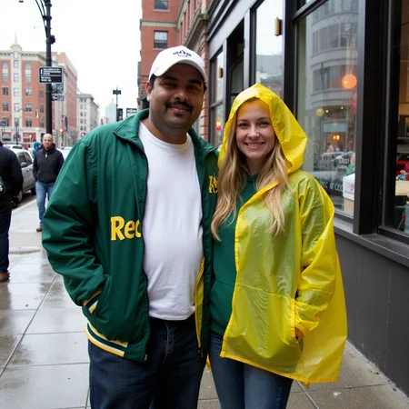Amateur photography of a man and a woman standing on a wet urban sidewalk, posing closely together with friendly expressions. The man on the left is Hispanic, of average height with a stocky build, medium skin tone, and short black hair partially hidden under a white baseball cap. He wears a green "Reddit" jacket with yellow lettering, a white t-shirt underneath, and dark jeans. The woman on the right is Caucasian, slim with a light skin tone, long blonde hair. She is dressed in a yellow rain poncho over a green hoodie, blue jeans. The scene takes place in a downtown area with visible storefronts. The sidewalk is wet from recent rain, and a few pedestrians are visible in the background. The image quality has slight motion blur, a cluttered background, cool tones, and bright natural light reflecting off the wet surfaces. The overall feel is candid and casual. on flickr in 2007, 2005 blog, 2007 blog <lora:amateurphotov2-000049:0.7>