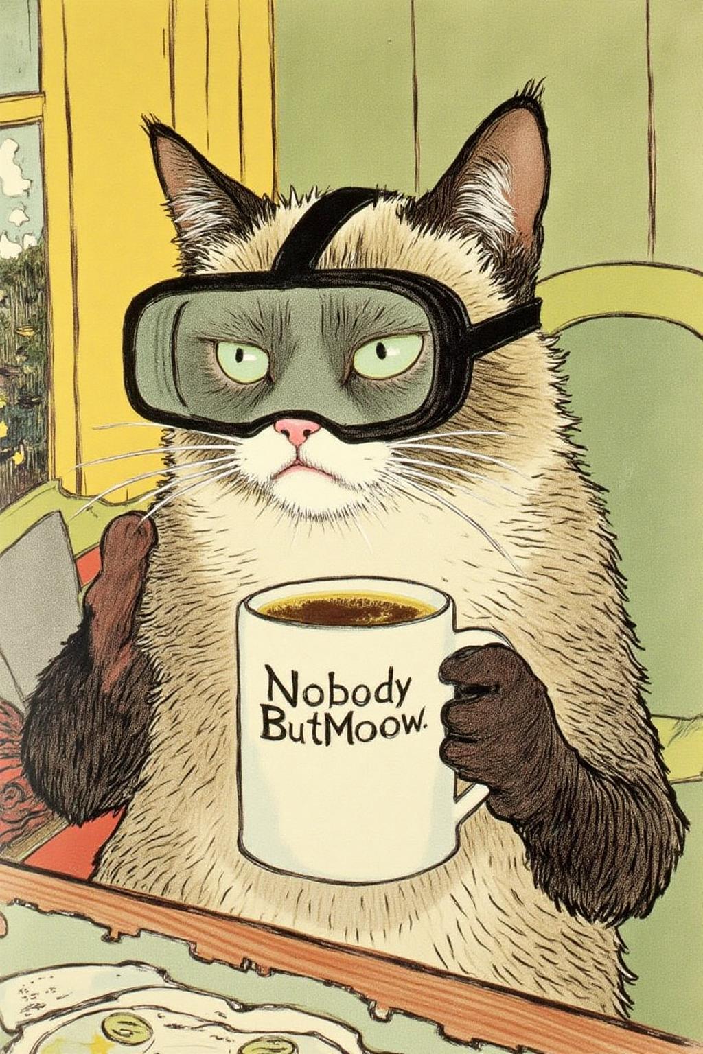 lautrec1 illustration rendered in a stylized, Art Nouveau style typical of the era, with a pastel color palette dominated by shades of green, yellow, and brown.
Grumpy Cat holding a coffee mug, wearing a VR Headset. The mug has the phrase "NobodyButMeow" printed <lora:lautrec1_cap_d6a3e11:1.0><lora:810954984716847223:0>