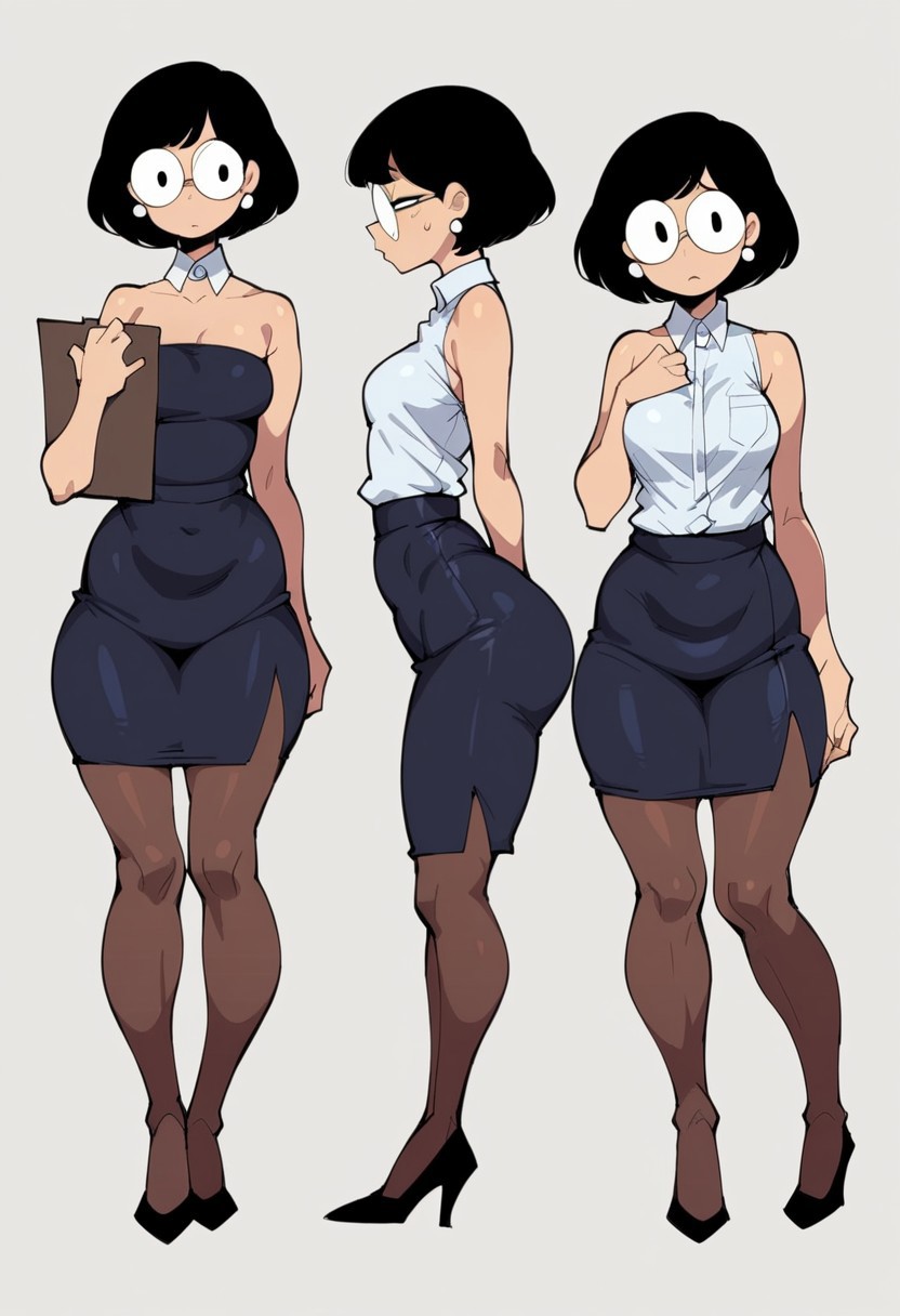 score_9, score_8, score_7, score_6, Dop Style,highly detailed, 
wide hips,  bottom-heavy, hip dips, medium natural breasts, 20 yo female, lithe, skinny
1female, 1girl, black hair, short bob hairstyle, Japanese, dark eyes, large round glasses,
shy, nervous, reserved,cute,
office lady, mature office lady, office attire, white office shirt, shortsleeve polo, (bare shoulders, detached collar), pearl earrings, jewelry, (pencil skirt, tight microskirt, tight clothing), silk black leggings, high heels, 
facing front, character pose, standing, hands in front, holding clipboard,
plain white background, simple background,