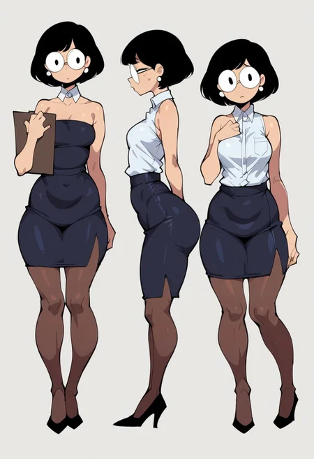 score_9, score_8, score_7, score_6, Dop Style,highly detailed, 
wide hips,  bottom-heavy, hip dips, medium natural breasts, 20 yo female, lithe, skinny
1female, 1girl, black hair, short bob hairstyle, Japanese, dark eyes, large round glasses,
shy, nervous, reserved,cute,
office lady, mature office lady, office attire, white office shirt, shortsleeve polo, (bare shoulders, detached collar), pearl earrings, jewelry, (pencil skirt, tight microskirt, tight clothing), silk black leggings, high heels, 
facing front, character pose, standing, hands in front, holding clipboard,
plain white background, simple background,
