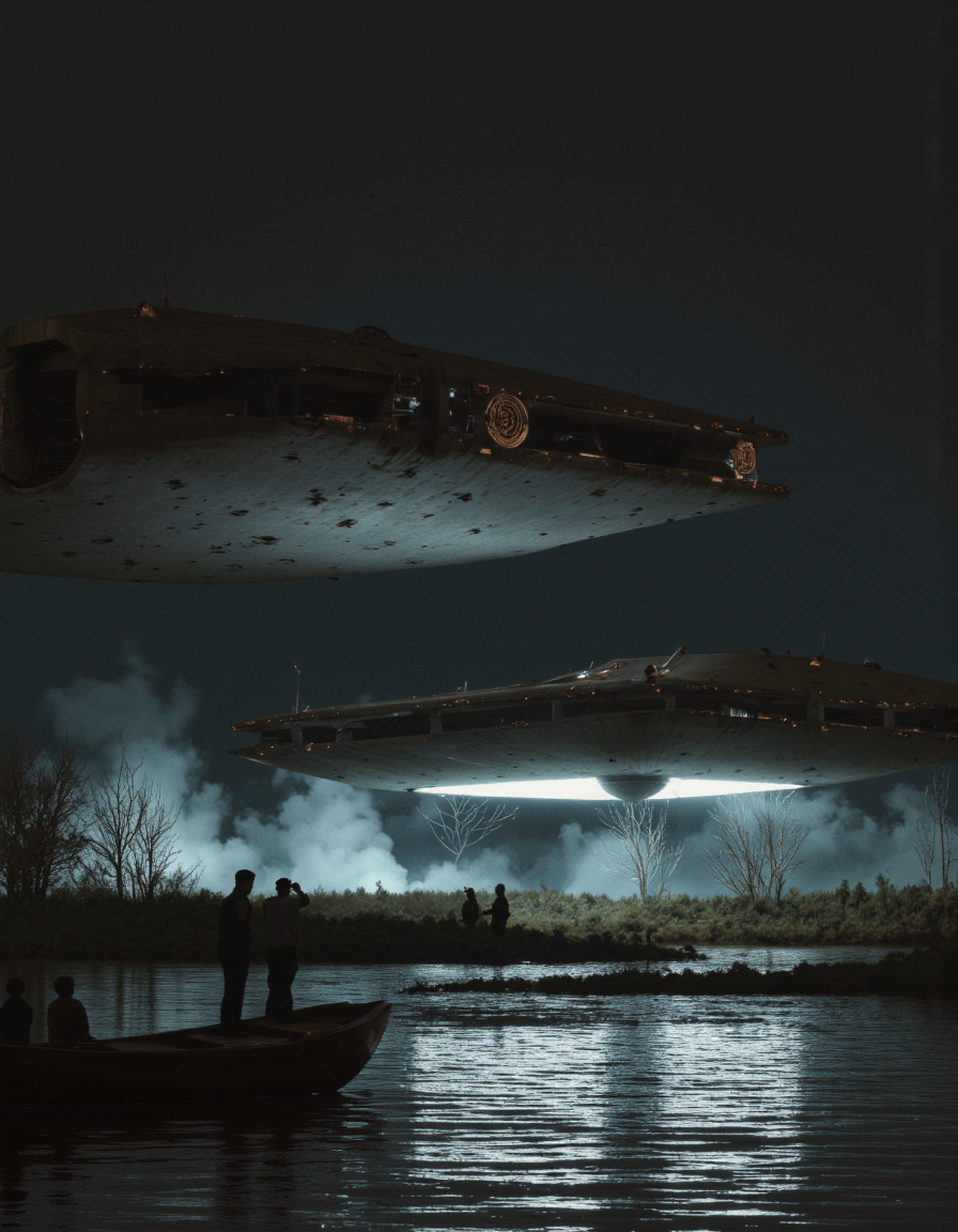 By Paul Chadeisson. A photo-realistic shoot from below about a futuristic spaceship flying over a calm body of water at night, with a small wooden boat in the foreground. the image also shows a large, sleek, metallic spaceship with a futuristic design, floating in the middle of the frame. the spaceship has a circular emblem on the side and a sleek, angular shape. it is illuminated by a soft, blue light that casts a gentle glow on the water below. on the left side of the image, a few people are standing in a small, wooden boat, looking up at the spaceship. the water is calm and still, reflecting the light from the spaceship and the surrounding environment. the sky is dark and overcast, with no clouds in sight.