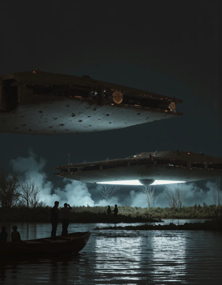 By Paul Chadeisson. A photo-realistic shoot from below about a futuristic spaceship flying over a calm body of water at night, with a small wooden boat in the foreground. the image also shows a large, sleek, metallic spaceship with a futuristic design, floating in the middle of the frame. the spaceship has a circular emblem on the side and a sleek, angular shape. it is illuminated by a soft, blue light that casts a gentle glow on the water below. on the left side of the image, a few people are standing in a small, wooden boat, looking up at the spaceship. the water is calm and still, reflecting the light from the spaceship and the surrounding environment. the sky is dark and overcast, with no clouds in sight.