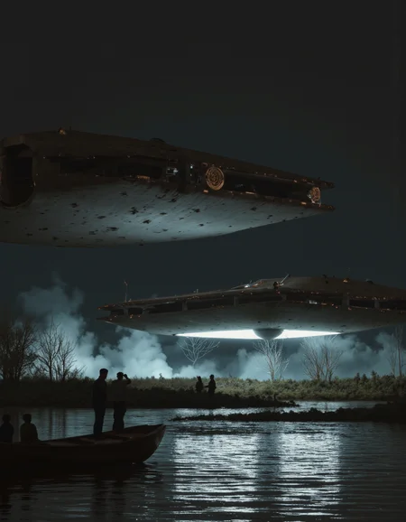 By Paul Chadeisson. A photo-realistic shoot from below about a futuristic spaceship flying over a calm body of water at night, with a small wooden boat in the foreground. the image also shows a large, sleek, metallic spaceship with a futuristic design, floating in the middle of the frame. the spaceship has a circular emblem on the side and a sleek, angular shape. it is illuminated by a soft, blue light that casts a gentle glow on the water below. on the left side of the image, a few people are standing in a small, wooden boat, looking up at the spaceship. the water is calm and still, reflecting the light from the spaceship and the surrounding environment. the sky is dark and overcast, with no clouds in sight.
