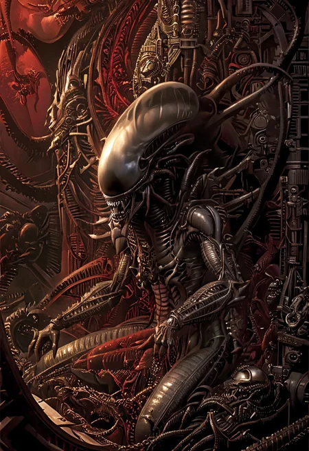 An insanely Detailed Divine Xenomorph, Golden and silver in color, cyberpunk, a crimson tinge to the golden color, Hyperdetailed, Omnipresent, Beautiful, Sinister overtones, a clash of Good and Evil in the background promoting Golden silver and Crimson Blacks, otherworldly,by HR Giger