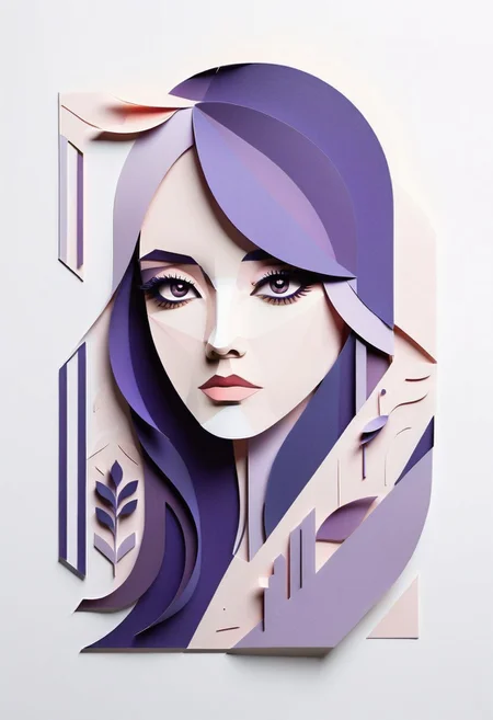 Geometric shape, long hair, portrait, flower, pastel purple color palette, Korean, single eyelid, sophisticated, paper-cut