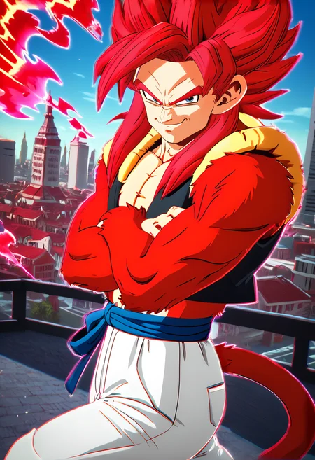 score_9, score_8_up, score_8,
city,
<lora:Sparking_Zero_Style_for_PonyXL:0.8> sp4rk1ngz3r0, chromatic aberration, detailed background,
<lora:SSJ4_Gogeta_Pony:0.8>gogeta_ssj4, male focus, solo, body fur, red hair, monkey tail, smirk, red fur, white pants, aura,