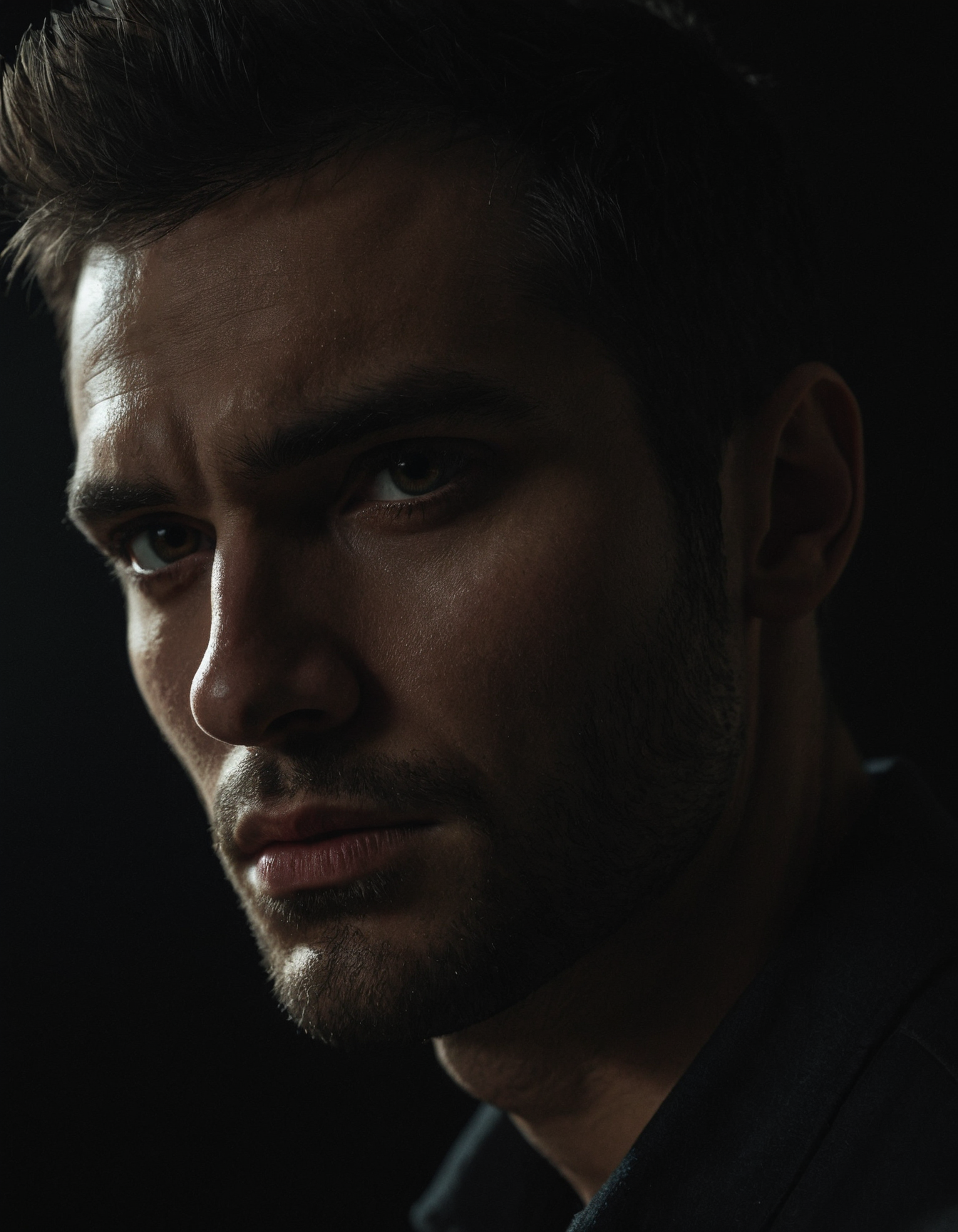 Close-up of a man with stubble, sharp cheekbones, and moody shadow lighting, looking off-camera
close_up, dramatic_lighting, stubble, sharp_jawline, dark_background, serious_expression, cinematic_style