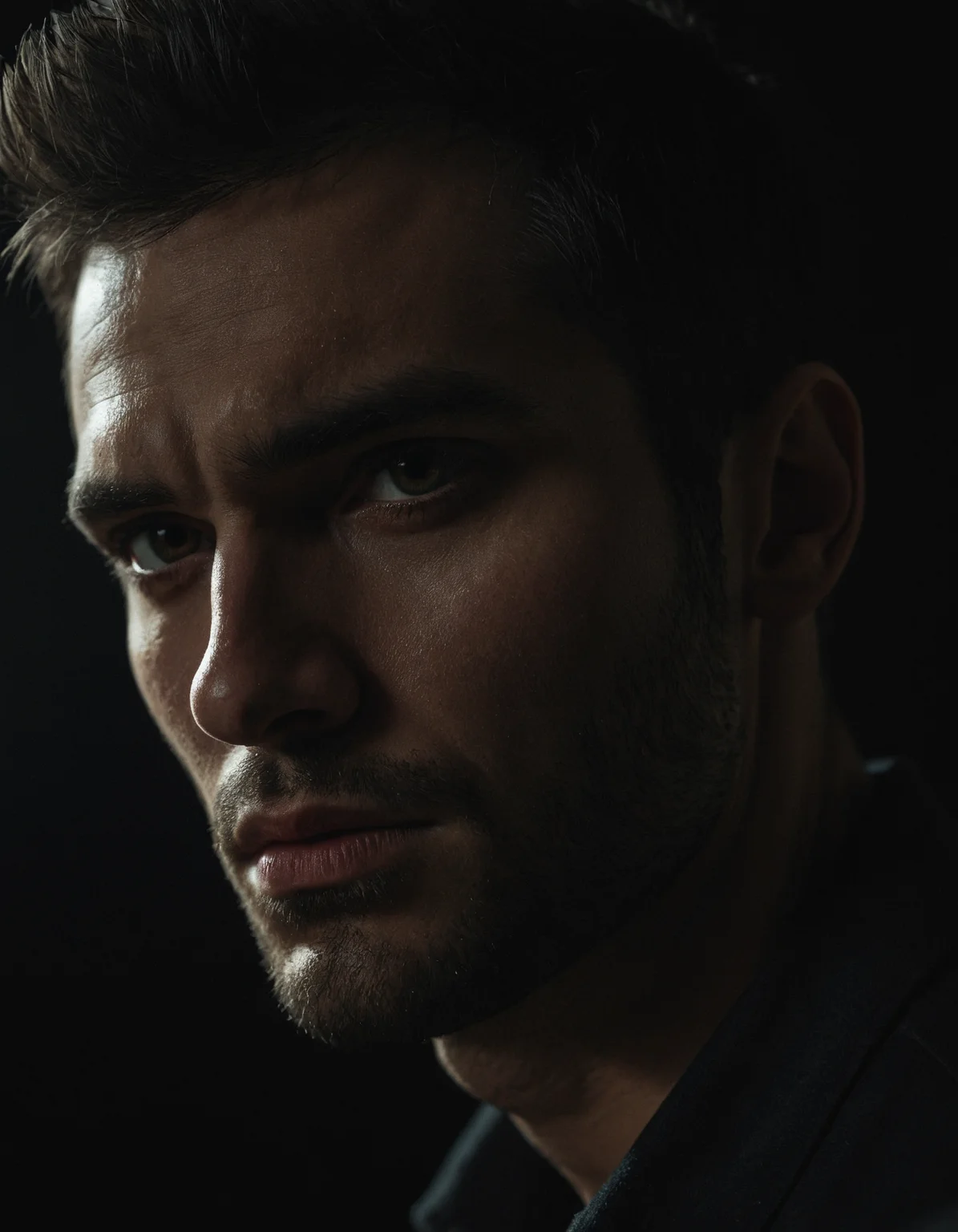 Close-up of a man with stubble, sharp cheekbones, and moody shadow lighting, looking off-camera
close_up, dramatic_lighting, stubble, sharp_jawline, dark_background, serious_expression, cinematic_style