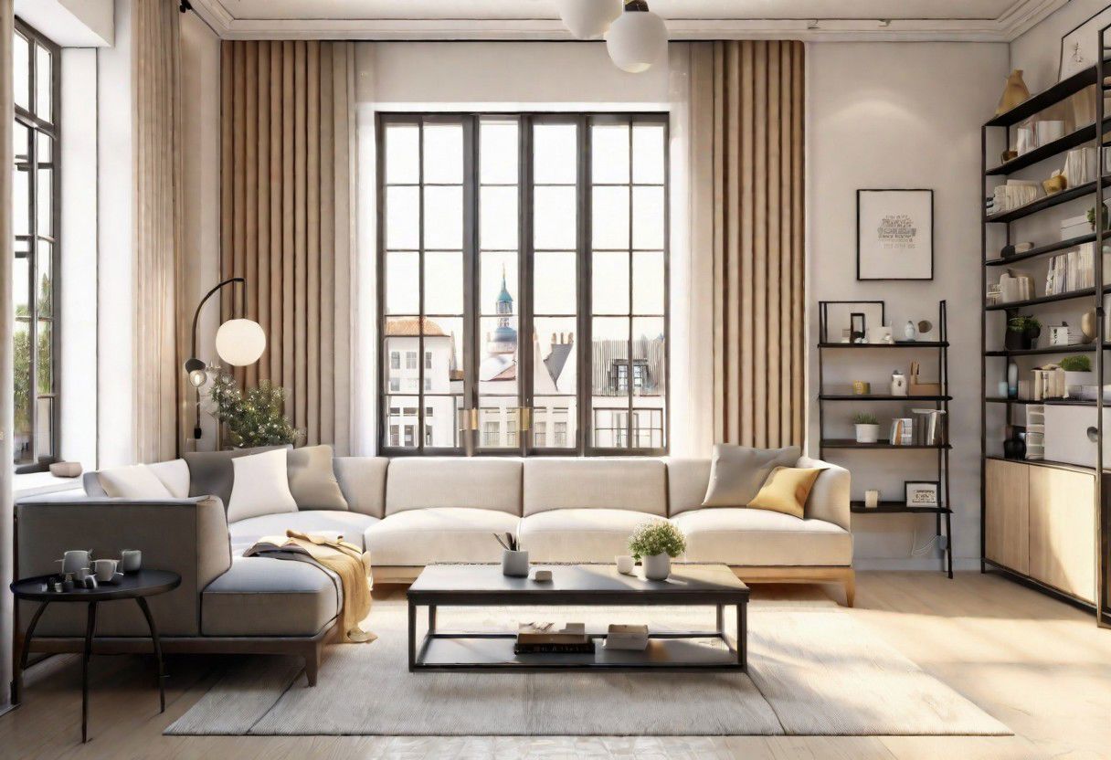((front view)), Shallow scene, ((animation style)), modern-style interior, with white walls, (large windows), Nordic-style furniture, a  study, Sofa, coffee table, bookcase, single wall, 
warm light morning sun, (the view of the city)