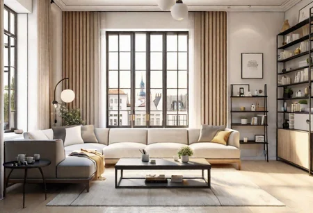 ((front view)), Shallow scene, ((animation style)), modern-style interior, with white walls, (large windows), Nordic-style furniture, a  study, Sofa, coffee table, bookcase, single wall, 
warm light morning sun, (the view of the city)