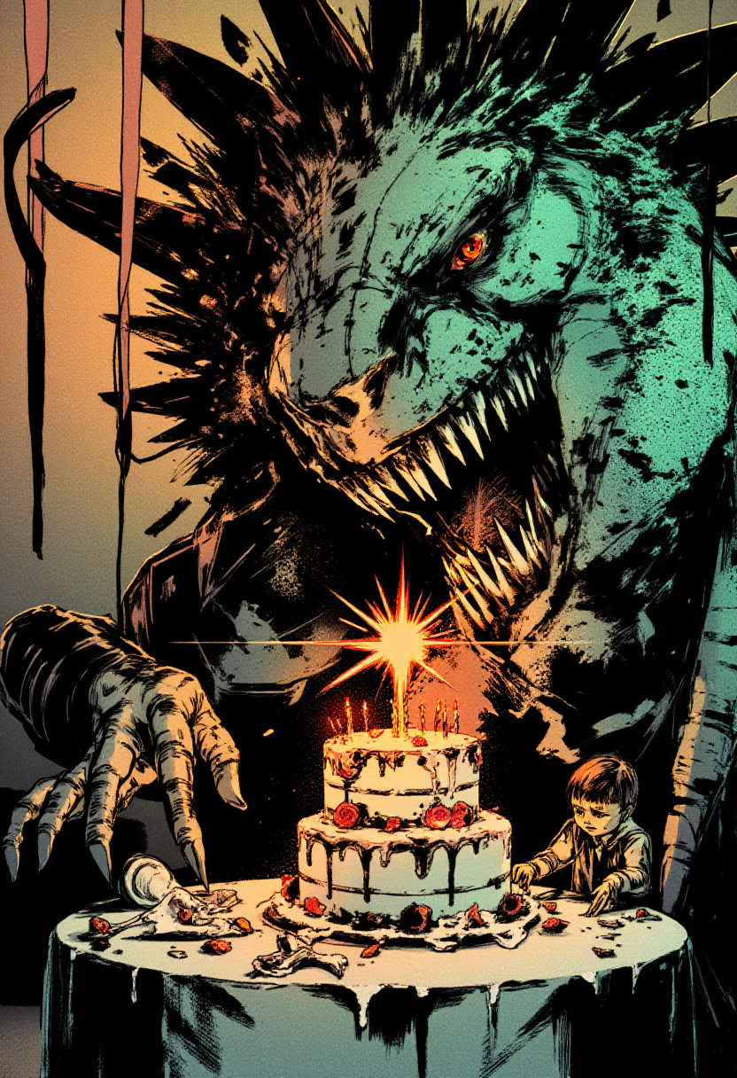 <lora:Yoji_Shinkawa_Style_FLUX-000012:0.9>
This is a digital illustration in a manga-inspired, dark, and gritty yshinkawa style. The artwork features   dinosaur birthday party
