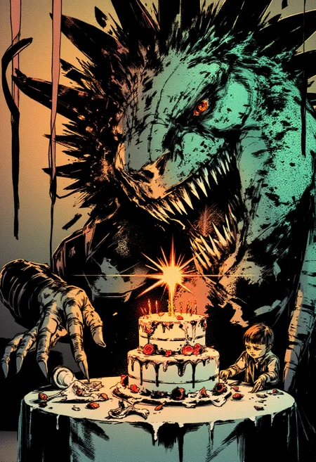 <lora:Yoji_Shinkawa_Style_FLUX-000012:0.9>
This is a digital illustration in a manga-inspired, dark, and gritty yshinkawa style. The artwork features dinosaur birthday party