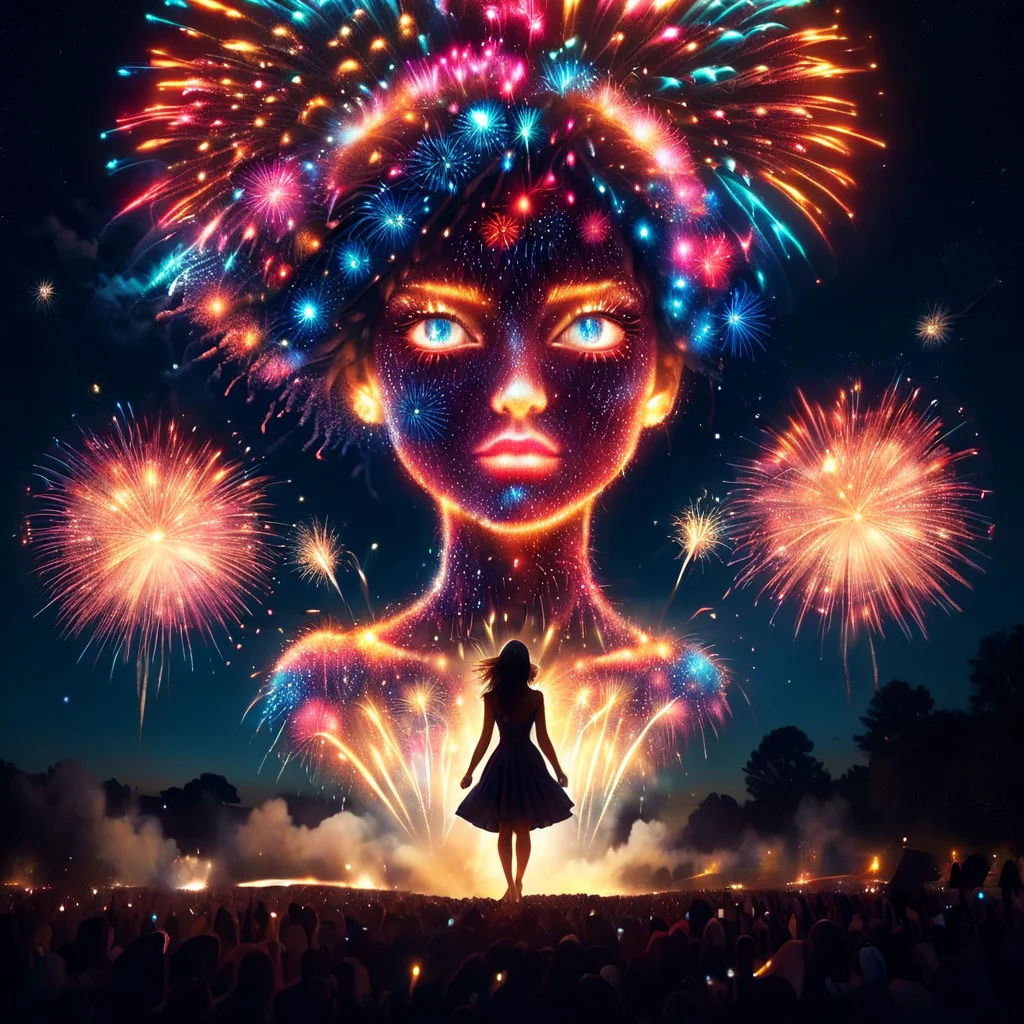 (masterpiece), frwks<lora:frwks:1>, beautiful woman made of fireworks, (surreal environment)
