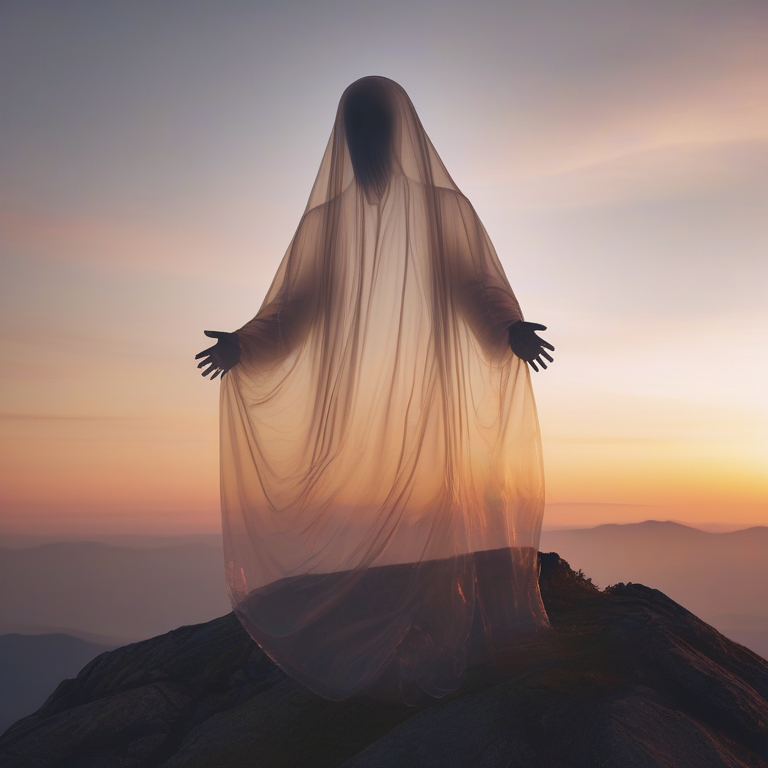 a photo of a transparent ghost standing on a mountain at sunset