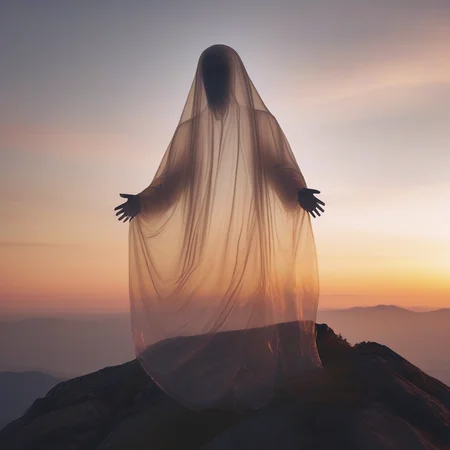 a photo of a transparent ghost standing on a mountain at sunset
