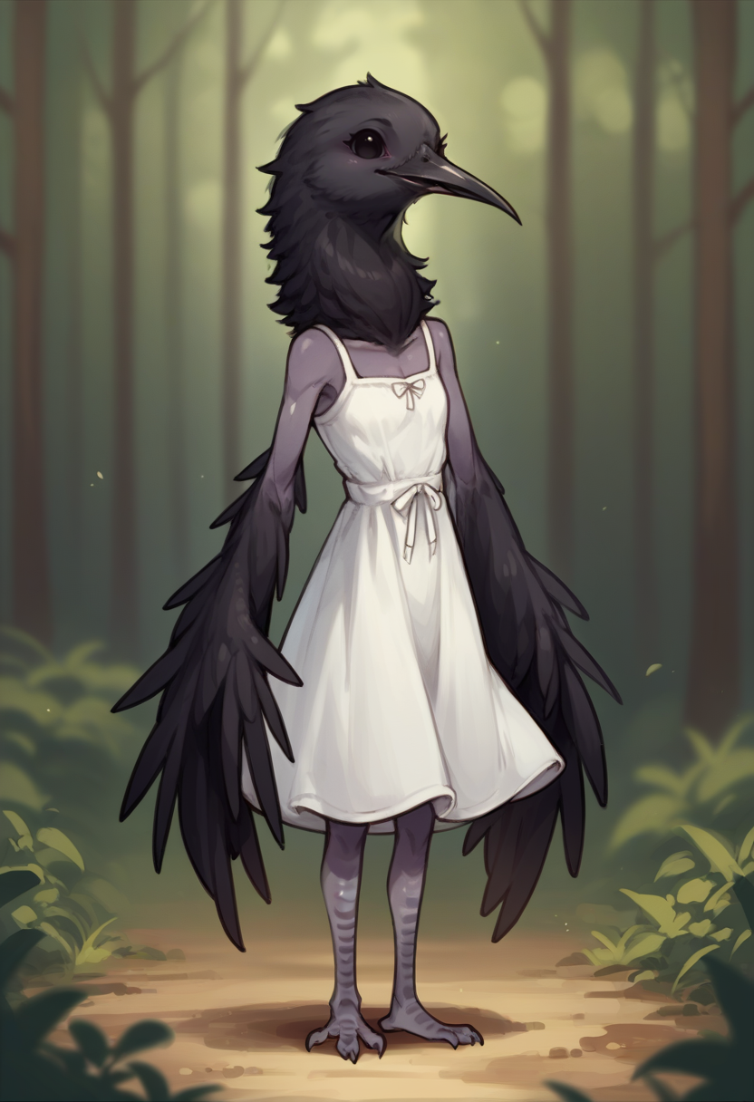 score_9, score_8_up, score_8, source_anime, source_furry, 1girl, <lora:Ornifex:0.7> colored skin, gray skin, no humans, solo, black feathers, wings, beak, skinny, chibi, cute, sundress, standing, looking at viewer, happy, mouth open, 
forest background, blurry background,