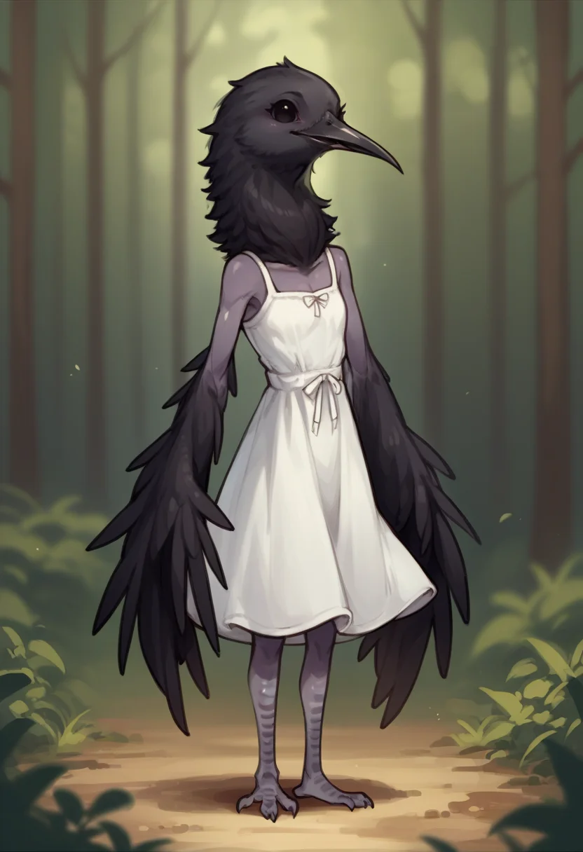 score_9, score_8_up, score_8, source_anime, source_furry, 1girl, <lora:Ornifex:0.7> colored skin, gray skin, no humans, solo, black feathers, wings, beak, skinny, chibi, cute, sundress, standing, looking at viewer, happy, mouth open,
forest background, blurry background,