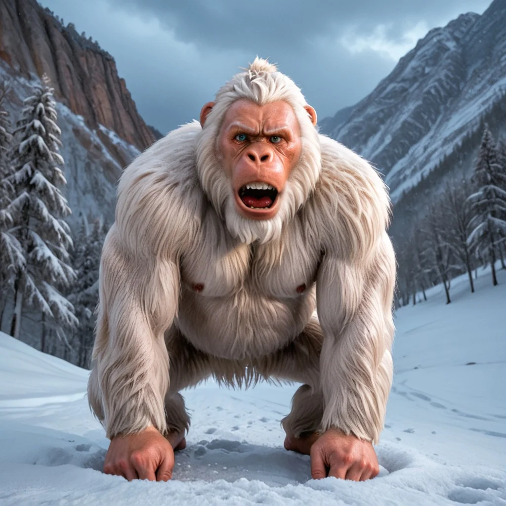 white fur, yeti, abominable snowman, big teeth, primate-like face, snowing, winter background, mountain, sunset, full body shot, shadows, details, fur details, trees, overcast, cave, standing, front facing, looking at viewer