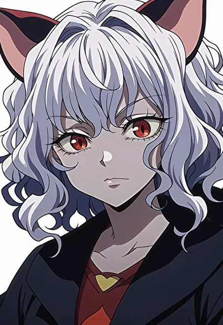 score_9, score_8_up, score_7_up, source_anime, anime screencap,  
neferpitou, short hair, red eyes, animal ears, white hair, cat ears, cat tail, curly hair,white background,Upper body