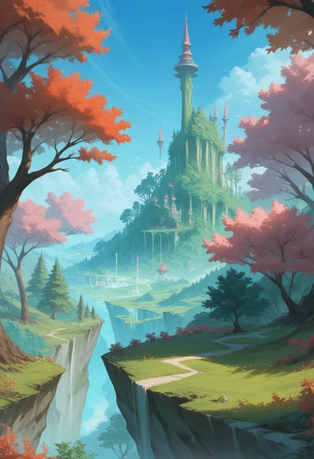 (score_9), (score_8_up), (score_7_up), (Cell Shading), (source_anime)+, (masterpiece), best quality, tree, bioluminescent trees, floating islands, fantasy aesthetic, misty atmosphere, surreal sky, style-sylvamagic