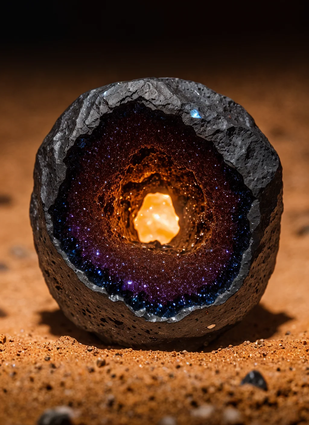 galaxy inside gemstone, (sharp focus:1.2), extremely detailed, (photorealistic:1.4), (RAW image, 8k high resolution:1.2), RAW candid cinema, 16mm,ultra realistic, cinematic film still, subsurface scattering, ray tracing, (volumetric lighting), facets, volcanic rock