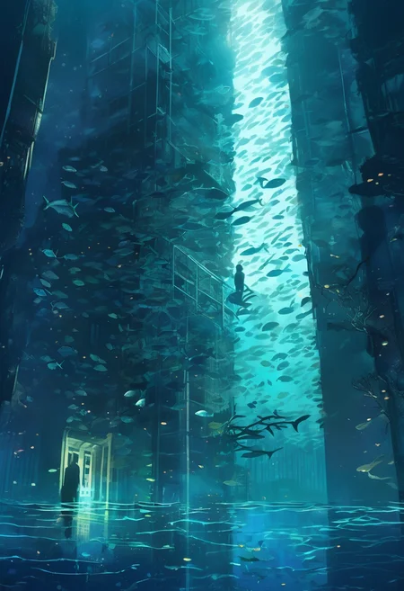 concept art A diver explores the shadowy recesses of an underwater skyscraper, its broken windows serving as home to schools of ghostly fish. The eerie play of light filtering through the water adds a sense of surreal foreboding. . digital artwork, illustrative, painterly, matte painting, highly detailed