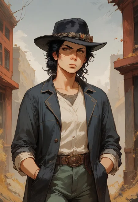 score_9, score_8_up, score_7_up, score_6_up, score_5_up, score_4_up, 4k, 1girl, solo, Red Dead Redemption style, 1800's western painting style, sketch, paperback novel cover art style, american old west, action shot
Hanna running and shooting a schofield revolver with her coat flying and hair flying behind her.
BREAK
Hanna is a tan 30 year old female bounty hunter with long black hair, serious eyebrows and brown eyes with dark circles under them, snarling expression.  Wearing a black hat and wearing a (((faded dusty maroon gun fighter long coat))) over a black button up shirt, short, round head, gunfighter, tough woman, medium bust, ph4nt0m01l