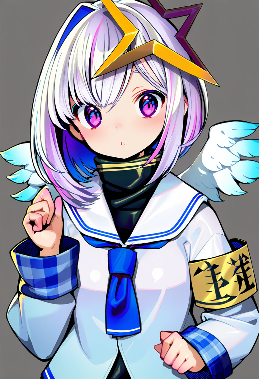masterpiece, best quality,<lora:GyokaiXL_ANI31_lokr_V53P1:0.95> 1girl, amane kanata, star halo, solo, virtual youtuber, wings, halo, multicolored hair, bob cut, colored inner hair, angel, feathered wings, short hair, single hair intake, angel wings, purple eyes, armband, grey hair, asymmetrical hair, looking at viewer, upper body, sailor collar, blue hair, pink hair, turtleneck, long sleeves, streaked hair, jacket, mini wings, bangs