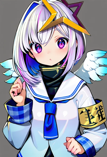 masterpiece, best quality,<lora:GyokaiXL_ANI31_lokr_V53P1:0.95> 1girl, amane kanata, star halo, solo, virtual youtuber, wings, halo, multicolored hair, bob cut, colored inner hair, angel, feathered wings, short hair, single hair intake, angel wings, purple eyes, armband, grey hair, asymmetrical hair, looking at viewer, upper body, sailor collar, blue hair, pink hair, turtleneck, long sleeves, streaked hair, jacket, mini wings, bangs