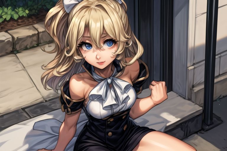 masterpiece, Lily Kokoschka , best quality, best quality, ultra-detailed, highres,sharp focus,(ultra detailed,extremely detailed), 1girl,(masterpiece, best quality), LilyKOKOSCHKA, 1girl, solo, long hair, small breasts, blonde hair, Blue eyes, Deep Blue eyes, hair between eyes, uniform, ascot, wavy hair, eyes visible through hair, white ascot, Skirt, hungry clicker,  outdoors, street, cowboy shot, leaning Back, Best Quality0Beautiful face0Strong-minded woman0sitting, Scared, Terrified, Frightened