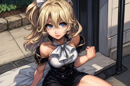 masterpiece, Lily Kokoschka , best quality, best quality, ultra-detailed, highres,sharp focus,(ultra detailed,extremely detailed), 1girl,(masterpiece, best quality), LilyKOKOSCHKA, 1girl, solo, long hair, small breasts, blonde hair, Blue eyes, Deep Blue eyes, hair between eyes, uniform, ascot, wavy hair, eyes visible through hair, white ascot, Skirt, hungry clicker,  outdoors, street, cowboy shot, leaning Back, Best Quality0Beautiful face0Strong-minded woman0sitting, Scared, Terrified, Frightened