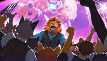 chromatic aberration, depth of field, detailed background, dutch angle, anthro, furry, furry male, fur, male, lloydford_lion, furry, furry male, 1boy, solo, vest, shirt, bowtie, idol, super star, pointing at the crowd, holding a microphone, rallying the audience, charismatic party leader, engaging with fans, masterpiece, best quality, amazing quality, by syuro