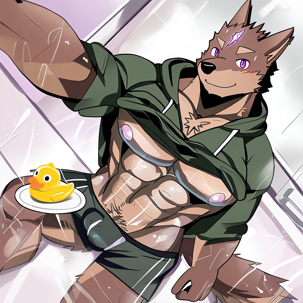 yuujirou, solo, looking at viewer, green hoodie, no nipples, selfie, from above, convenient censoring, feet out of frame, muscular, ..., chest hair, rubber duck, pubic hair, topless male, smile, lifted by self, shorts, bathtub, plate, 1boy, brown fur, mouth hold, covered nipples, exercise, shirt lift, sweatdrop, purple eyes, bare pectorals, wolf boy, dog tail, tail, holding bottle, sky