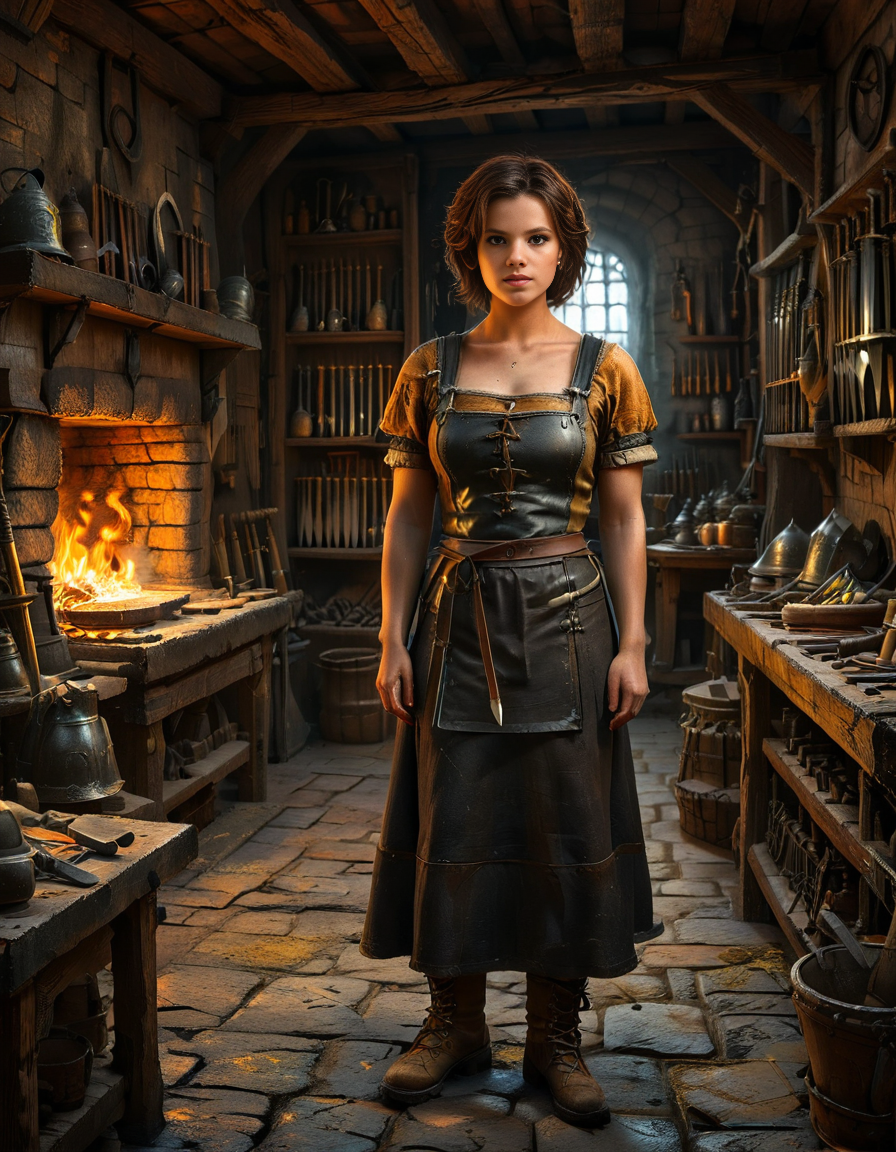 looking at viewer,(A strong and elegant female,1girl,short brown hair,medium breasts:1.3), blacksmith standing confidently in her medieval forge shop,medieval f0rg3 sh0p. She has a determined expression on her face, with soot and ash lightly marking her skin. She is wearing a thick leather apron with scorch marks, a rolled-up linen shirt underneath, and sturdy boots. Her muscular arms are visible, showing the strength of her craft. The background shows a dimly lit, rustic workshop filled with medieval tools: an anvil, a glowing furnace, hanging tongs, and shelves lined with metallic objects like swords and horseshoes. The warm orange glow of the fire contrasts beautifully with the dark, shadowy corners of the shop. The atmosphere is filled with details of realism, evoking a sense of hard work and medieval craftsmanship.<lora:SDXLFaeTastic2400:0.4> <lora:extremely_detailed:0.4> extremely detailed, <lora:medieval_f0rg3_sh0p:1>, Masterpiece,best quality,hi res,8k,hi res,8k,award winning,(sharp focus, intricate, highly detailed),